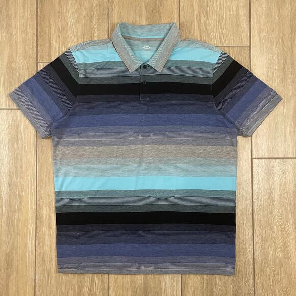 Oakley XL Tailored Fit Stripe Polo Shirt Blue Gray Teal Golf Performance Top - Picture 1 of 9